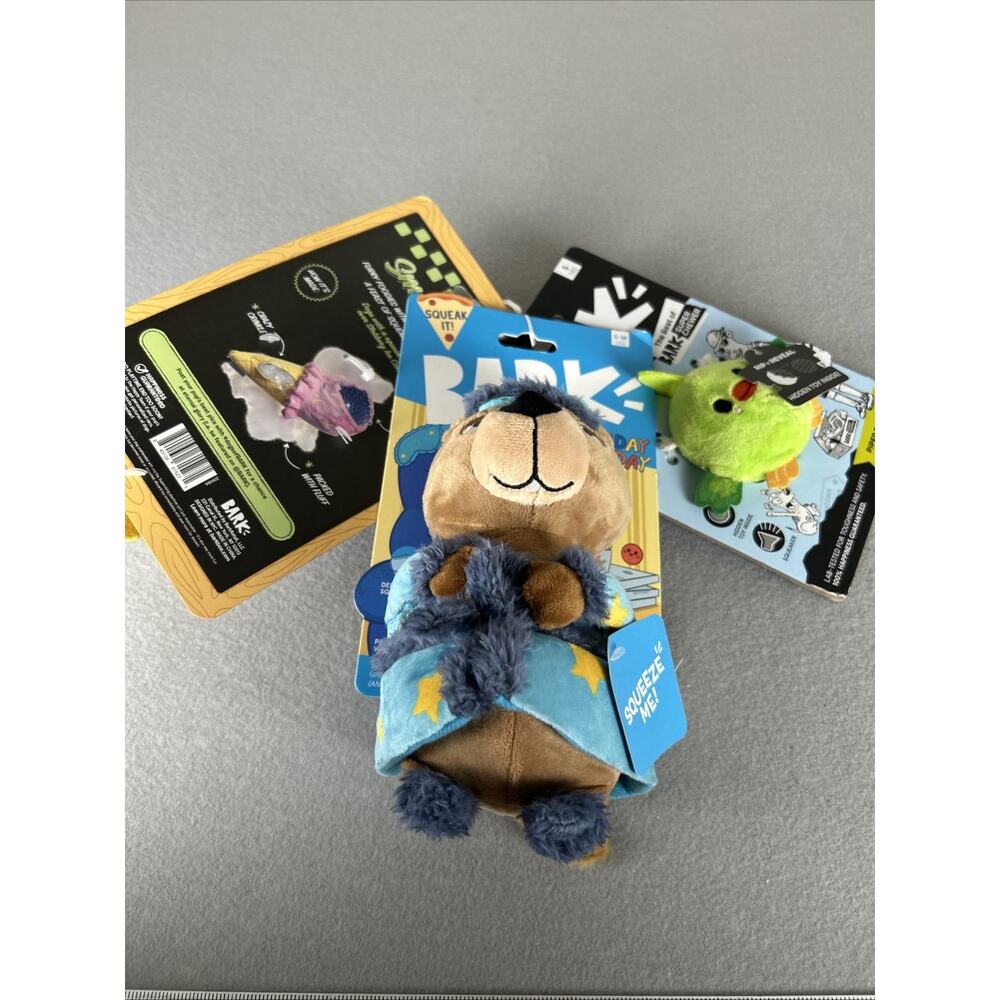 Bark New Dog toys Groundhog Dave, Piper Parrot, Slobbery Icecream Cone Set of 3